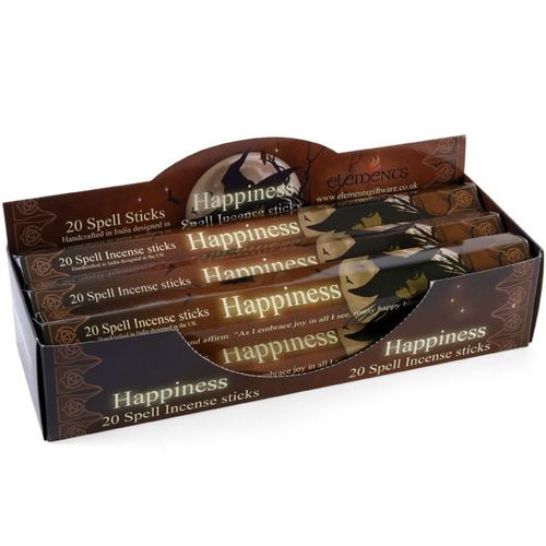 A display box of 6 packs of Happiness Spell (lavender, orange blossom, and thyme) incense sticks, with each pack containing 20 individual sticks. Made from bamboo sticks, wood powder, tree bark powder, and high-quality fragrance, use these incense to set intentions and promote positivity. Designed by Lisa Parker.
