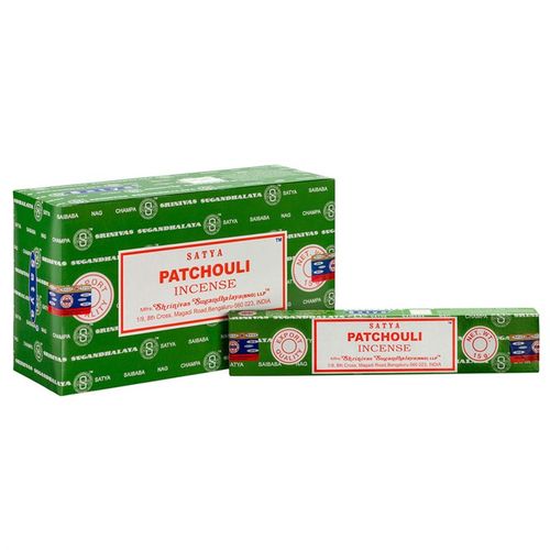 Discover the magic within this collection of 12 packs of Satya Patchouli incense sticks. Embrace the enchanting, spicy aroma cherished by many. Crafted by skilled artisans in India, each pack holds 10-12 vegan-friendly sticks made from the finest ingredients, perfect for your mystical rituals and sacred spaces.