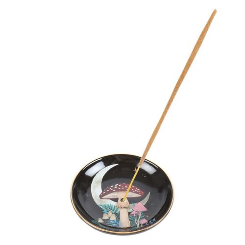 Embrace the magic of the forest with this Forest Mushroom Ceramic Incense Plate. Featuring a softly glowing crescent moon illuminating a whimsical toadstool surrounded by vibrant flora, it brings an enchanting charm to your sacred space. Designed for versatility, it holds both incense sticks—secured by a central hole—and cones on its stable surface, making your ritual both practical and mystical. Perfect for those who seek to weave nature’s wonder into their daily practice.