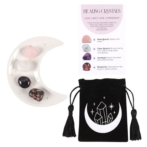 This stunning set of healing crystals comes with four crystal tumblestones to promote self-confidence, grow friendships and attract love. Includes a crescent moon trinket dish, matching information card and a printed drawstring, making this a meaningful gift for those in need of some extra care.