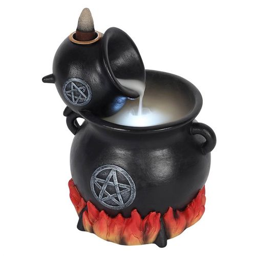 Set a backflow incense cone atop this resin cauldron burner and witness the smoke cascade gracefully through the cauldrons. Enhanced by flickering flames and a weathered silver pentagram motif, it glows softly to amplify the enchanting smoke display. Operated by 2 AA batteries with a convenient on/off switch. Dimensions: H15cm x W13cm x D11cm; Packaged: H19cm x W16.5cm x D14.5cm.