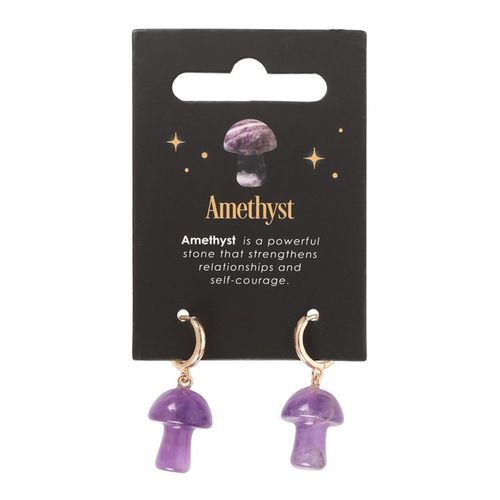 These enchanting mushroom earrings are crafted from polished amethyst. The mushroom-shaped gemstones harness the power of crystal healing, and are attached to small gold hoop earrings with a matching informational tag.