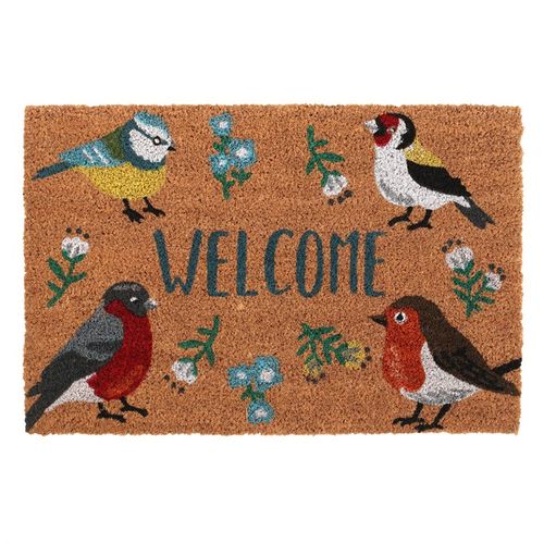 Invite visitors into your enchanted realm with this bewitching coir doormat. Adorned with the timeless word ‘Welcome’ and mystical depictions of beloved British garden birds—the Blue Tit, Robin, Goldfinch, and Bullfinch—this mat is ideal for sheltered doorways and secret garden paths. Beware, the magic of the printed design may wane under harsh weather’s spell.