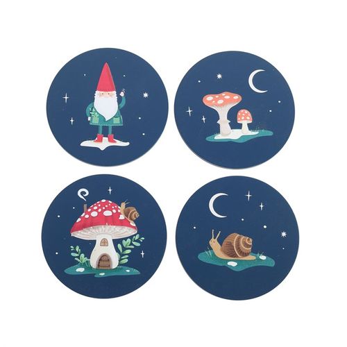 Add a touch of winter whimsy to the home with this set of 4 Gnome Sweet Gnome coasters. Featuring a winter forest-inspired design with mushrooms, gnomes and snails, these navy-blue coasters are perfect to display in the colder seasons to enjoy hot beverages while bringing the enchantment of a winter forest indoors. Crafted from durable MDF.