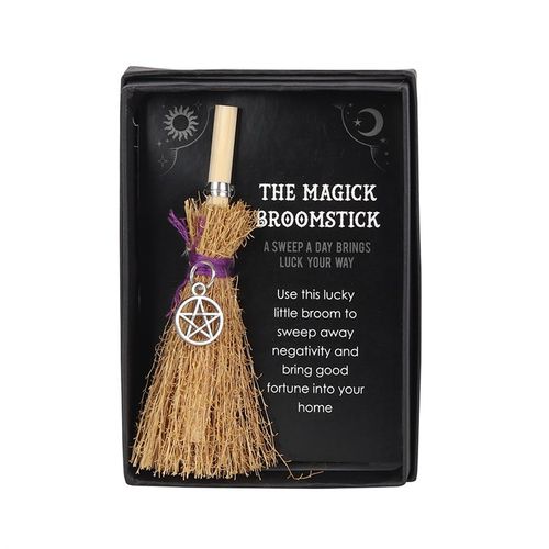 Invite fortune and positive vibes with this charming mini magic broomstick. Its compact size makes it ideal for a small altar, kitchen display, desk companion, or carrying with you to boost your energy. Adorned with the inscription, "A sweep a day brings luck your way. Use this lucky little broom to sweep away negativity and bring good fortune into your home," and a silver-tone pentagram charm, it’s a mystical tool for cleansing and blessing your space. Dimensions: H10cm x W4.5cm x D1.5cm; Packaged: H11cm x