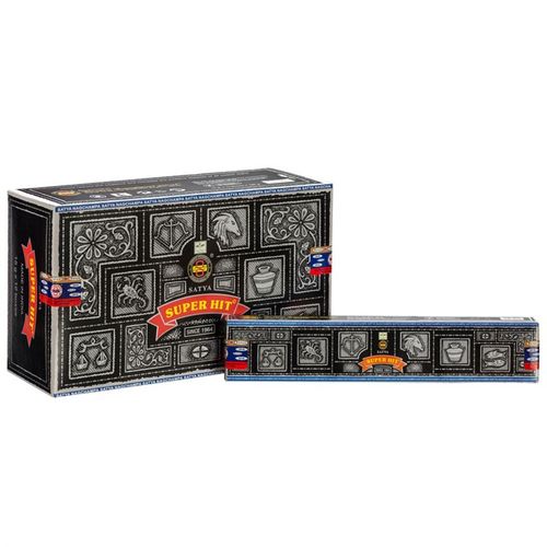 This collection includes 12 bundles of Satya Super Hit incense sticks. Renowned alongside Nag Champa, Super Hit enchants with a sweeter aroma that is believed to dispel negativity and invite uplifting energies. Perfect for rituals seeking balance and light.aspects of all zodiac signs. Each inner pack contains 10-12 vegan friendly incense sticks.