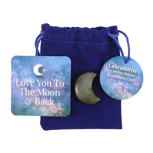 Capture the energy of the moon with this small crescent-shaped labradorite crystal. Accompanied by a matching sentiment card with inspiring, "Love you to the moon & back" text and a drawstring bag, it's the perfect token to remind someone of their inner strength and importance.