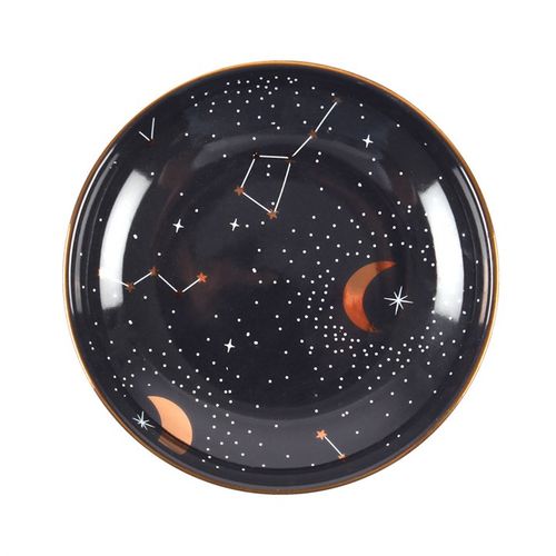 This enchanting purple trinket dish features a celestial star sign pattern adorned with shimmering gold accents. Perfect for the style-savvy teen who loves a touch of magic. Dimensions: 2cm high, 10.5cm wide and deep. Packaged size: 2.5cm high, 11cm wide, 10.8cm deep.