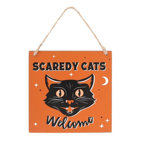 Embrace the Halloween spirit with this enchanting vintage-style hanging sign that reads 'Scaredy Cats Welcome.' Showcasing a shadowy black cat against a striking orange backdrop, this captivating decoration adds a touch of mystical charm to your seasonal décor.t for helping to create a spooky atmosphere for the season.