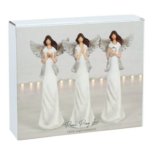 Set of three angel figurines in a decorative box with 'Peace, Pray, Love' text.