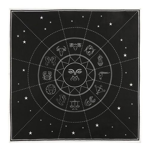 This cotton altar cloth features a modern zodiac chart, inviting you to connect with the cosmos. Ideal for arranging tarot, oracle cards, crystals, or runes, it enhances your mystical rituals. Measures 70cm by 70cm, with a slim profile for easy storage.