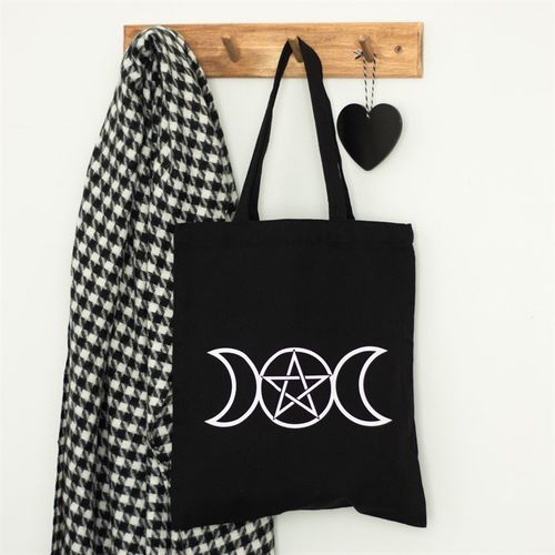 Perfect for doing the weekly shop, carrying library books, holding essentials for short day trips and more, this cotton tote bag makes a great eco-friendly addition to anyone's collection. Features a triple moon design printed on black with a pentagram in the centre.