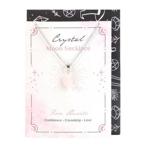 Send a little crystal magic someone's way with this greeting card featuring a rose quartz crystal moon necklace for enhancing feelings of confidence, friendship and love. Each card comes with a matching envelope and is blank inside for a personal message.