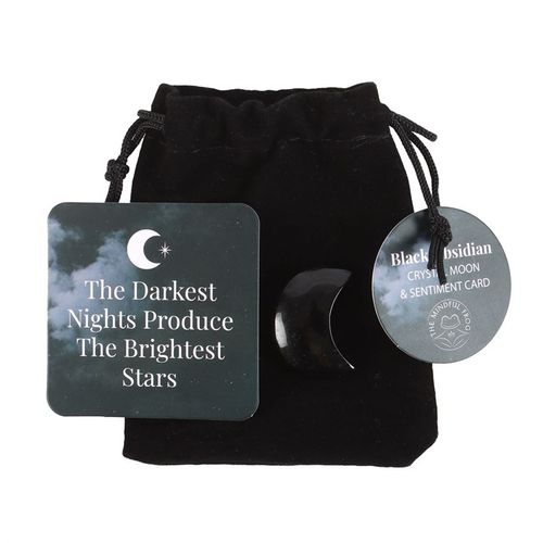 Capture the energy of the moon with this small crescent-shaped black obsidian crystal. Accompanied by a matching sentiment card with inspiring, "The darkest nights produce the brightest stars" text and a drawstring bag, it's the perfect token to remind someone of their inner strength and importance.