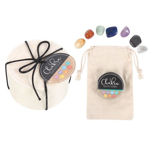 This set of chakra gemstones includes 7 tumbled crystals and a cotton drawstring bag presented in a wooden Flower of Life gift box. Used for balancing and enhancing the energies of the 7 chakras, crystals are a powerful metaphysical tool to promote inner and outer wellbeing.