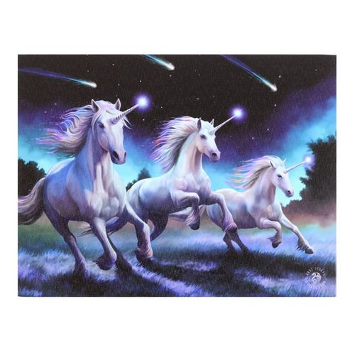 Immerse your space in enchantment with this 25x19cm canvas plaque showcasing the mesmerizing 'Shooting Stars' artwork by renowned fantasy artist Anne Stokes. This high-quality, full-colour print captures three majestic unicorns galloping beneath a shimmering, magical starlit sky, evoking a sense of wonder and mystical energy. Perfect for those who cherish the allure of fantasy and magic, this piece adds a unique splash of colour and personality to any room, inviting the spirit of the night and the magic of 