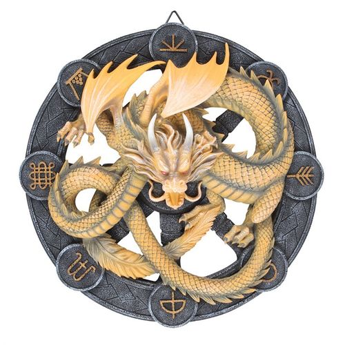 Infuse your space with mystical charm through this finely crafted resin wall plaque featuring Anne Stokes' enchanting 'Imbolc' dragon. This striking 3D artwork depicts a radiant yellow dragon encircled by sabbat symbols, with the Imbolc emblem poised above its powerful wings. Symbolizing the return of light as spring nears, this piece captures the magic of the seasonal shift between winter and spring. Part of the revered 'Dragons of the Sabbats' collection, it invites you to explore the deep connection betw