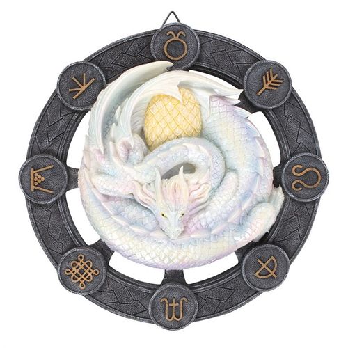 Infuse your space with the enchanting magic of springtime with our stunning resin wall art plaque, showcasing a striking 3D rendition of 'Ostara' dragon artwork by acclaimed fantasy artist Anne Stokes. This mesmerizing piece features a beautiful white dragon set against a circle of sabbat symbols. At the top of the wheel, the symbol of Ostara - representing the Spring Equinox - is displayed, marking a time of new beginnings and fresh starts. This serpent-like dragon tightly coiled around its egg perfectly c