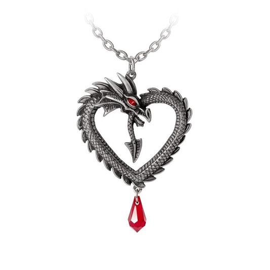 In the ancient forests of Burgundy, a mythical dragon known as the Vouivre roamed, elusive and protective of its secrets, avoiding the gaze of young lovers. Capture the enchantment of love and mystery with this striking Dragon Pendant, where craftsmanship meets passion. Made from fine English pewter with exquisite detail, its Siam red eye shines with a mesmerizing glow that draws all eyes. Wear it on a chain for timeless elegance or as a choker using the included midnight black satin ribbon. Perfect for mag